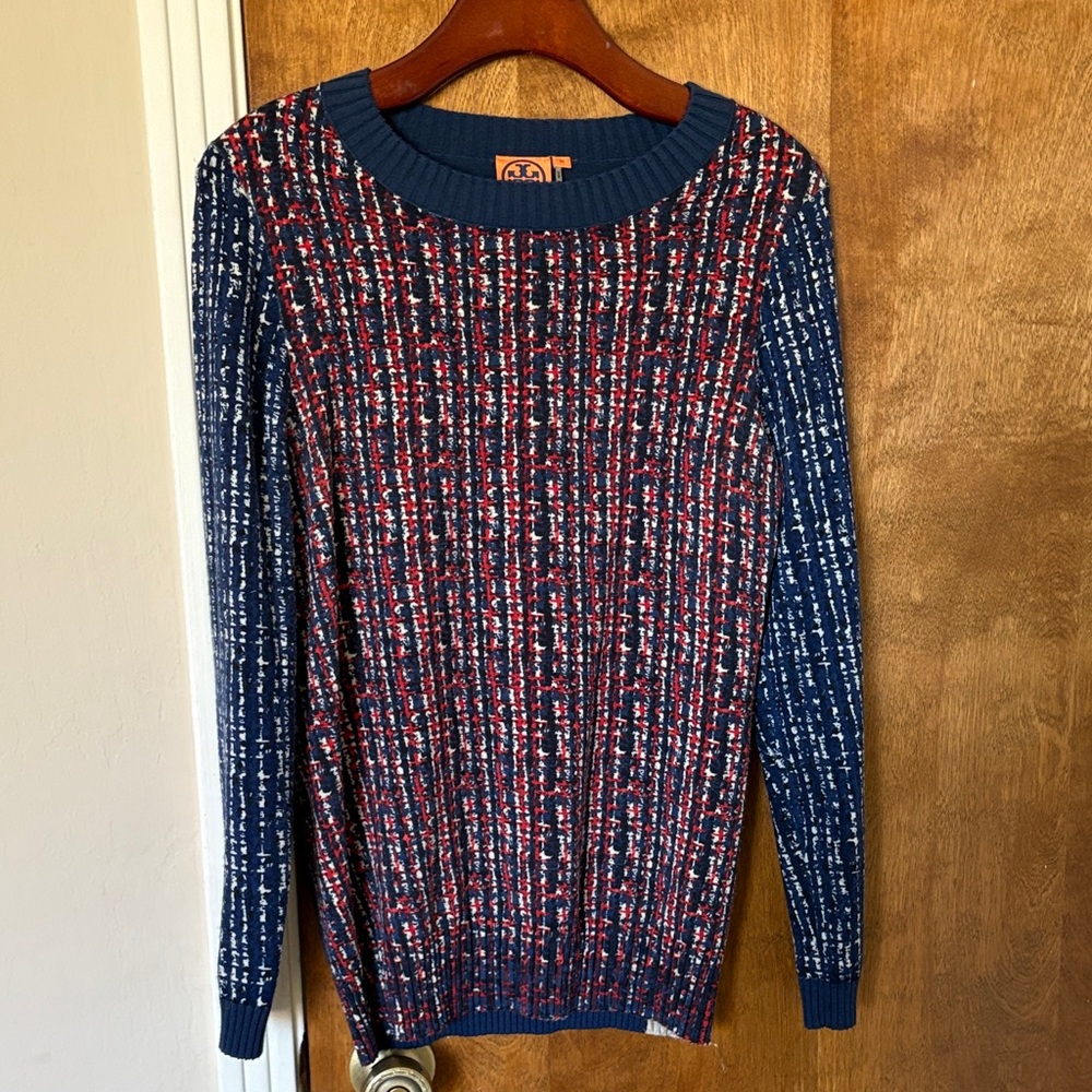 Tory Burch Blue and Red Crew Neck Sweater